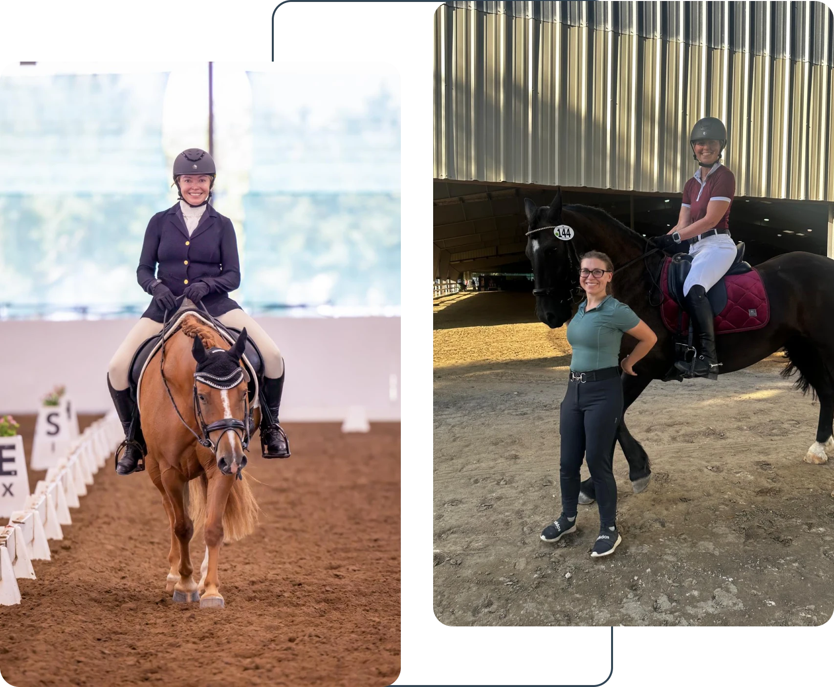 Two women riding horses in dressage.