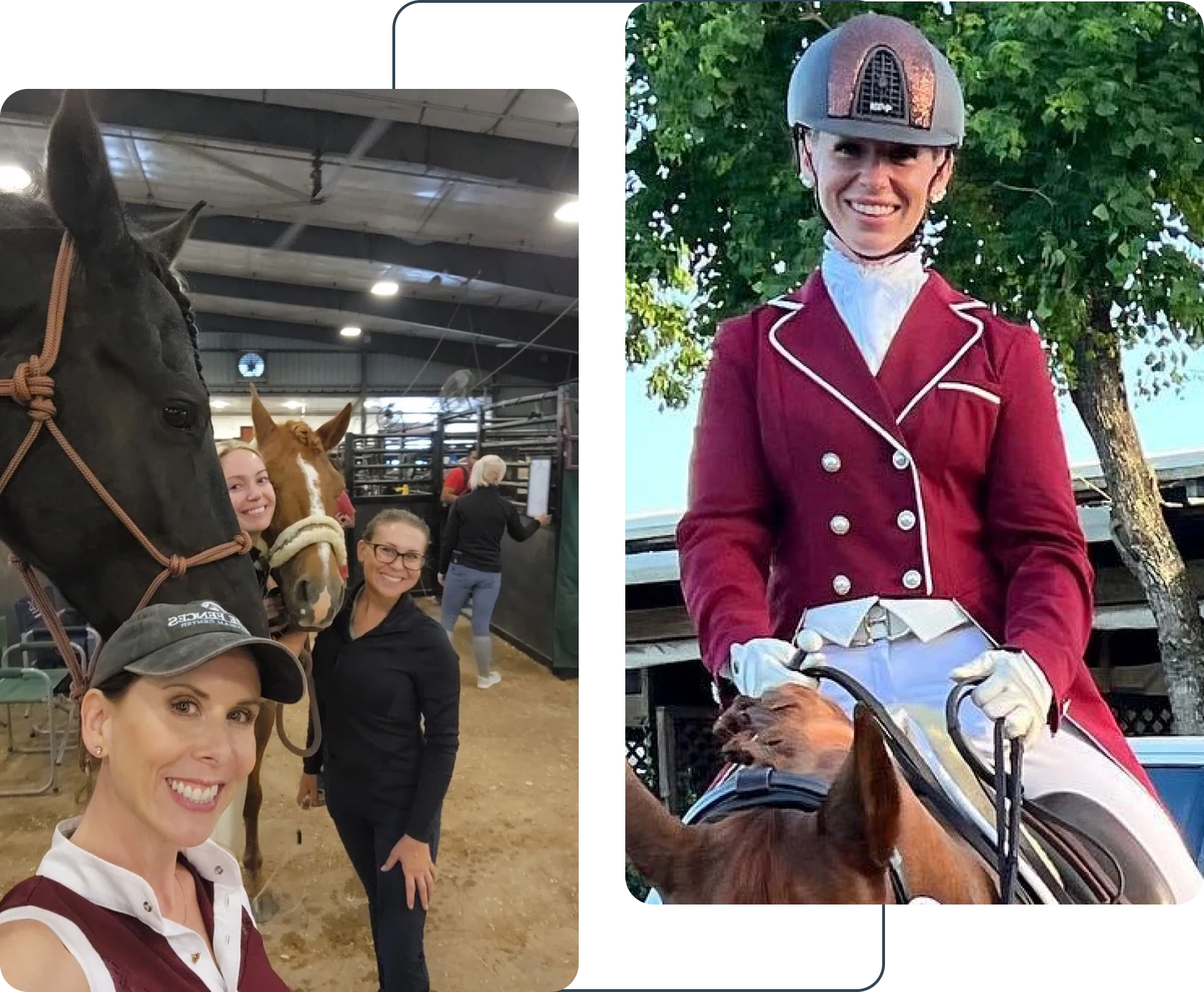 Two women in a horse show and one woman is wearing a red jacket