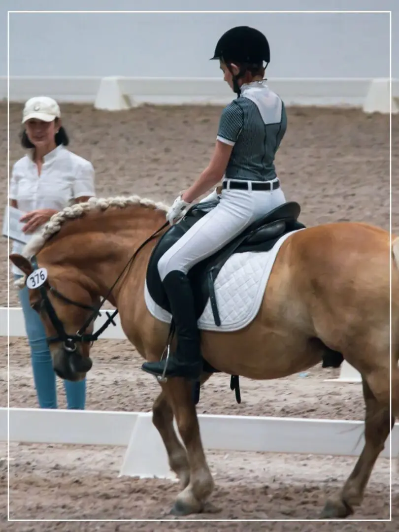 A woman riding on the back of a brown horse.