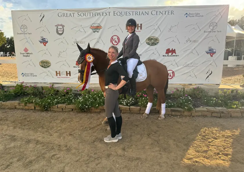 A person on top of a horse next to another person.