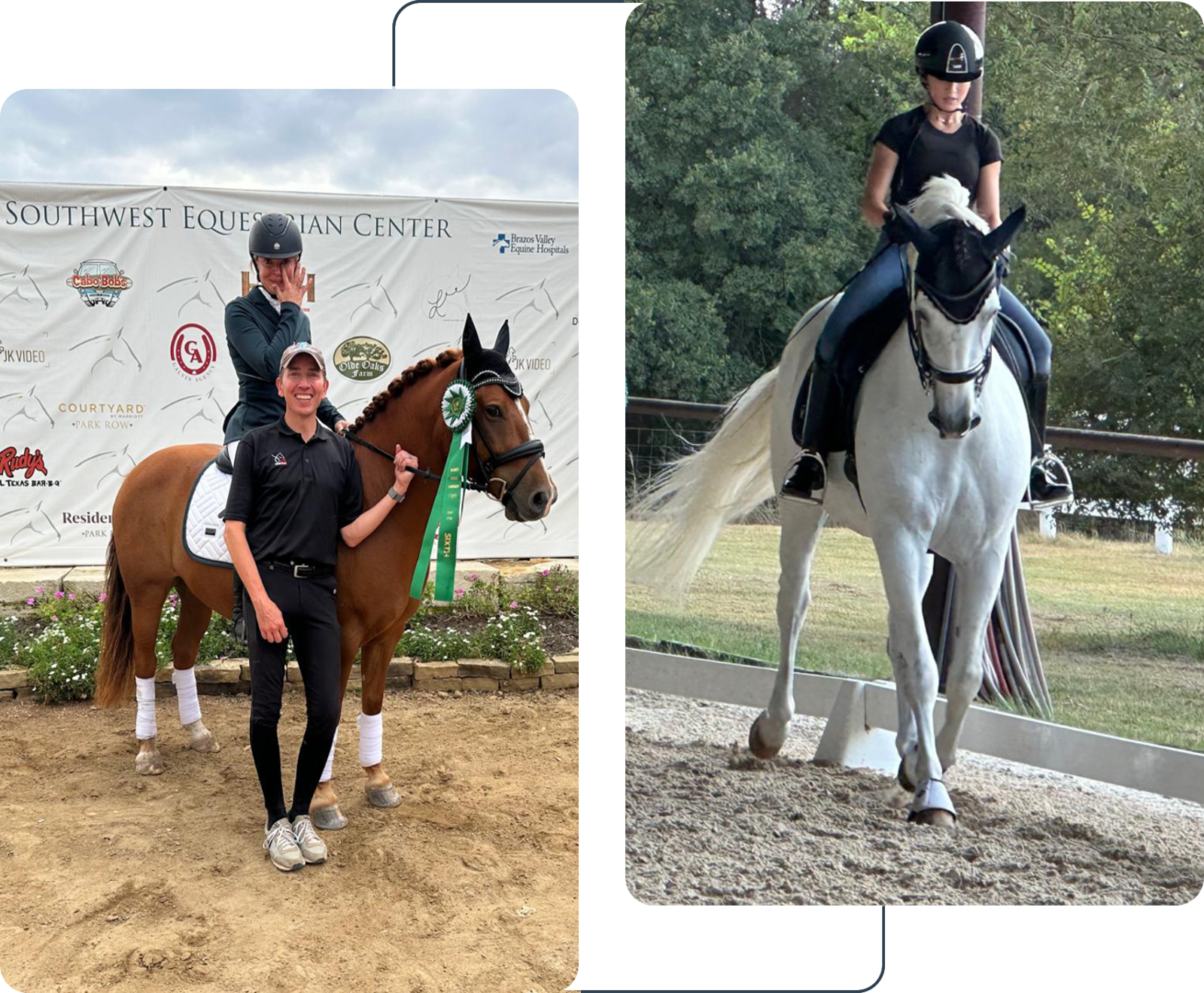 Two pictures of a person riding on the back of a horse.