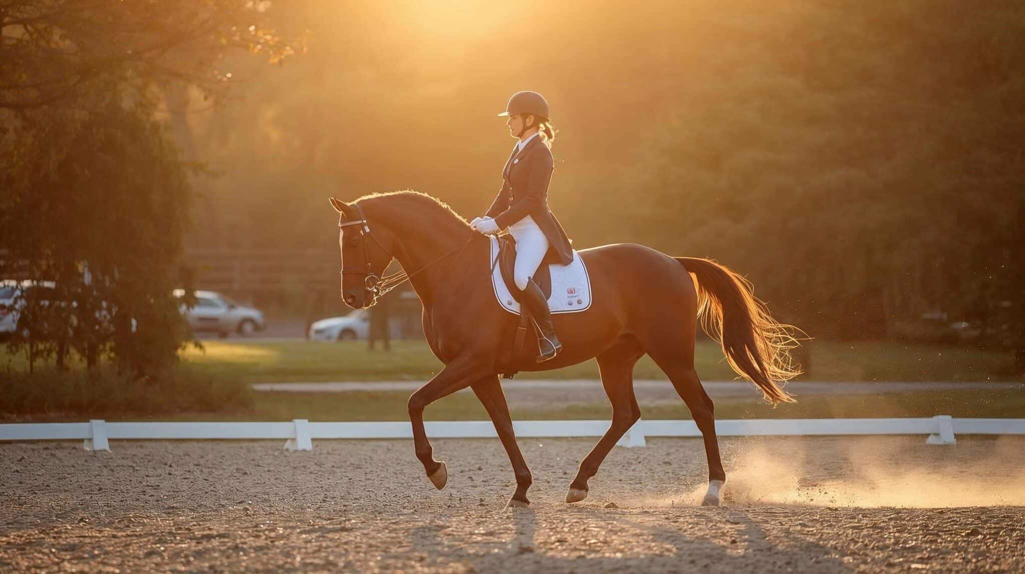 dressage riding warmup trot arena soft light