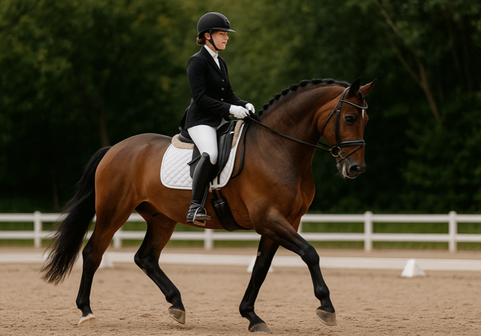 A confident adult amateur rider practicing dressage with her horse in a sunlit outdoor arena, showcasing balance, focus, and harmony